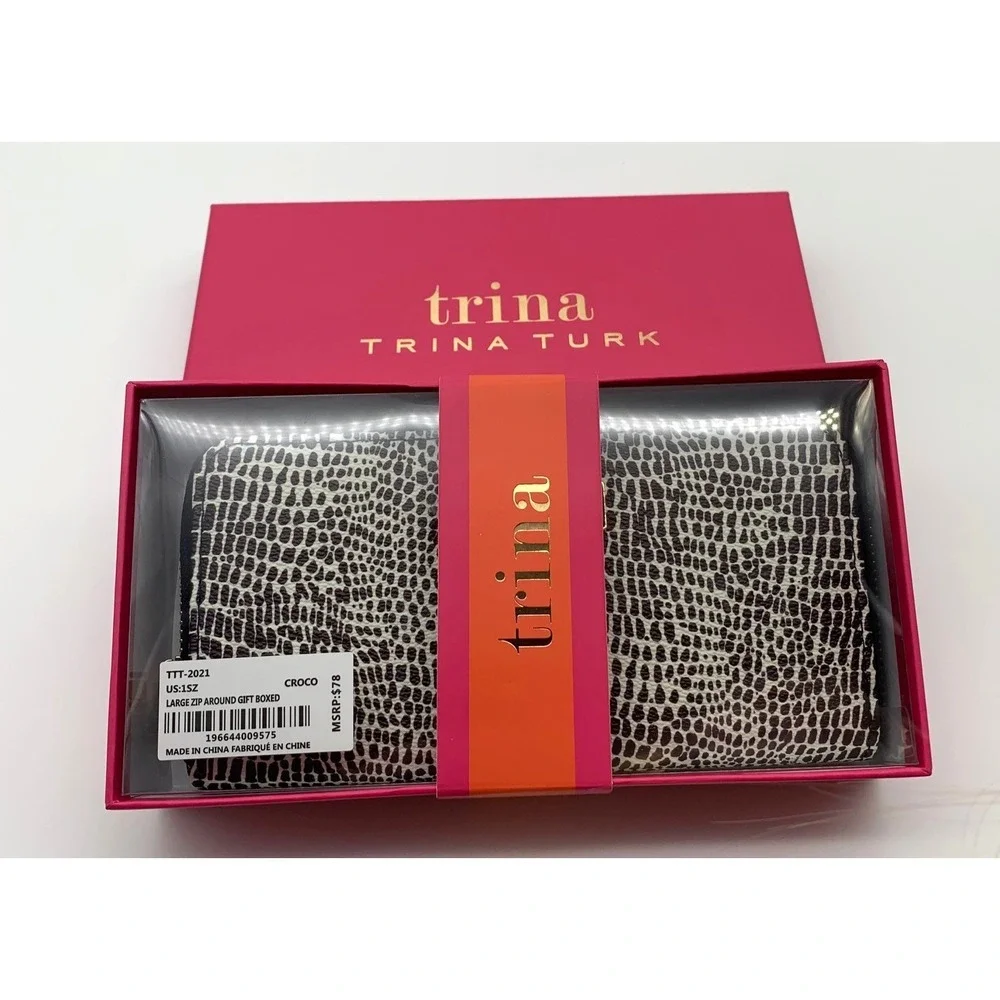 Trina Turk Wallet Womens Black White Croco Embossed Large Zip Around Gift Boxed‎